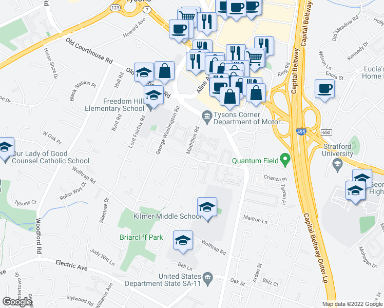 map of restaurants, bars, coffee shops, grocery stores, and more near 2032 Madrillon Springs Court in Vienna