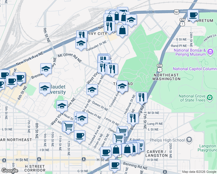 map of restaurants, bars, coffee shops, grocery stores, and more near 1236 Raum Street Northeast in Washington