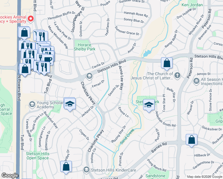 map of restaurants, bars, coffee shops, grocery stores, and more near 5943 Desoto Drive in Colorado Springs
