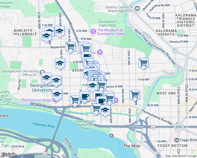 map of restaurants, bars, coffee shops, grocery stores, and more near 3149 O Street Northwest in Washington