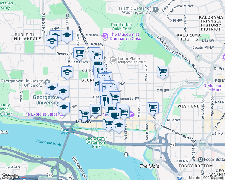 map of restaurants, bars, coffee shops, grocery stores, and more near 3145 O Street Northwest in Washington
