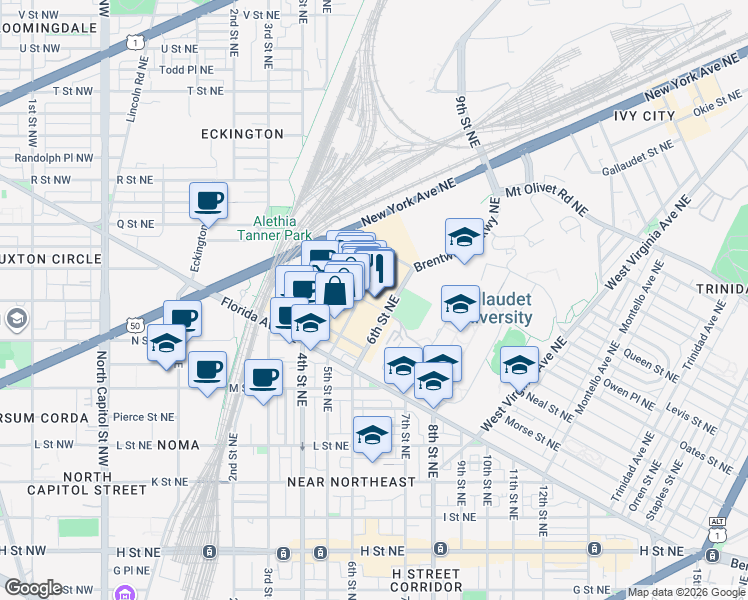 map of restaurants, bars, coffee shops, grocery stores, and more near 1309 5th Street Northeast in Washington
