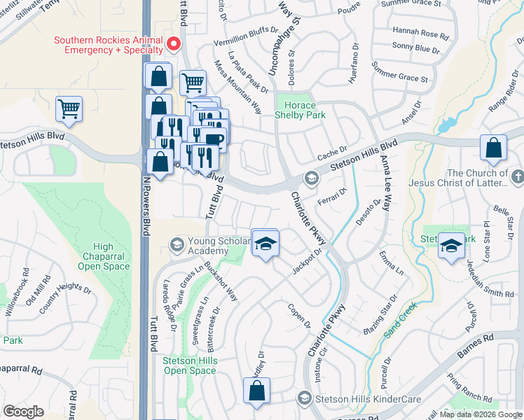 map of restaurants, bars, coffee shops, grocery stores, and more near 5381 Grantsville Grove in Colorado Springs