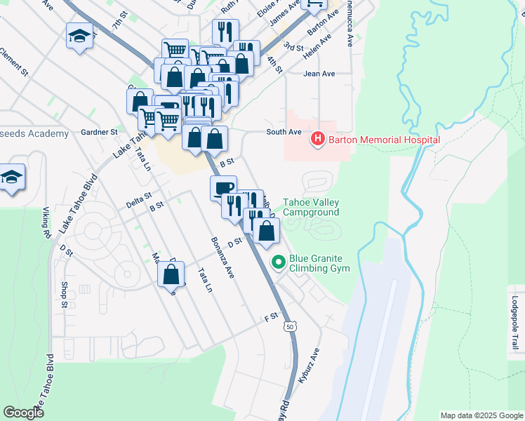 map of restaurants, bars, coffee shops, grocery stores, and more near 1175 Melba Drive in South Lake Tahoe