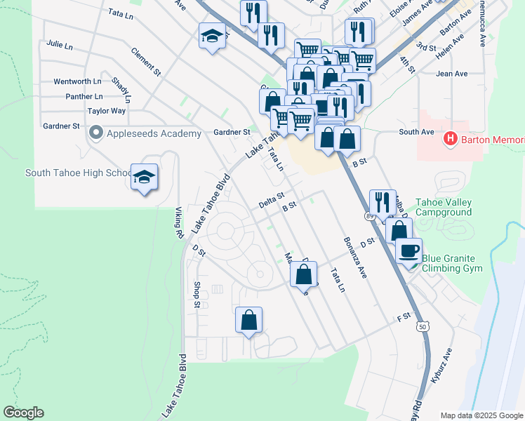 map of restaurants, bars, coffee shops, grocery stores, and more near 1885 B Street in South Lake Tahoe
