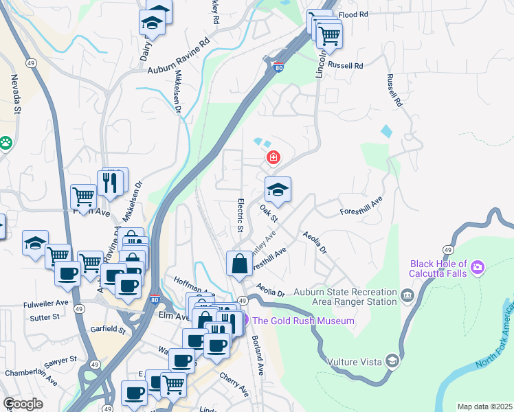 map of restaurants, bars, coffee shops, grocery stores, and more near 126 Oak Street in Auburn