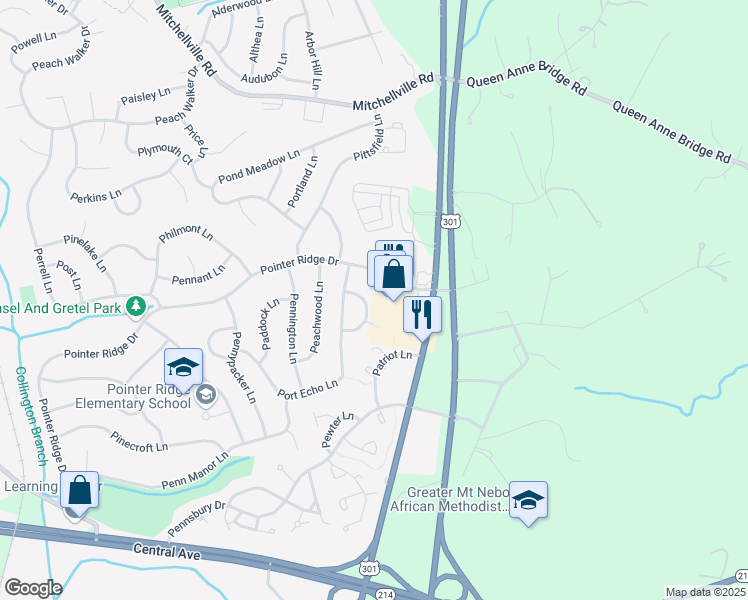 map of restaurants, bars, coffee shops, grocery stores, and more near 1315 Palmyra Lane in Bowie