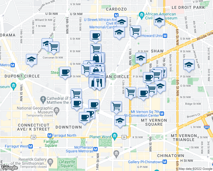 map of restaurants, bars, coffee shops, grocery stores, and more near 101 Independence Avenue Southeast in Washington
