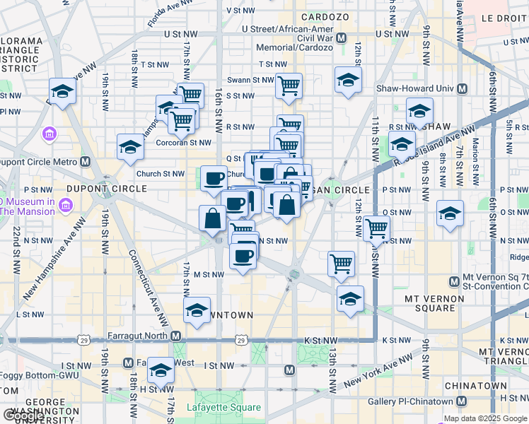 map of restaurants, bars, coffee shops, grocery stores, and more near 1441 Rhode Island Avenue Northwest in Washington