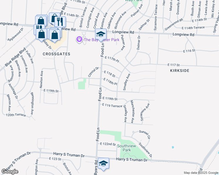 map of restaurants, bars, coffee shops, grocery stores, and more near 7506 East 118 Terrace in Kansas City