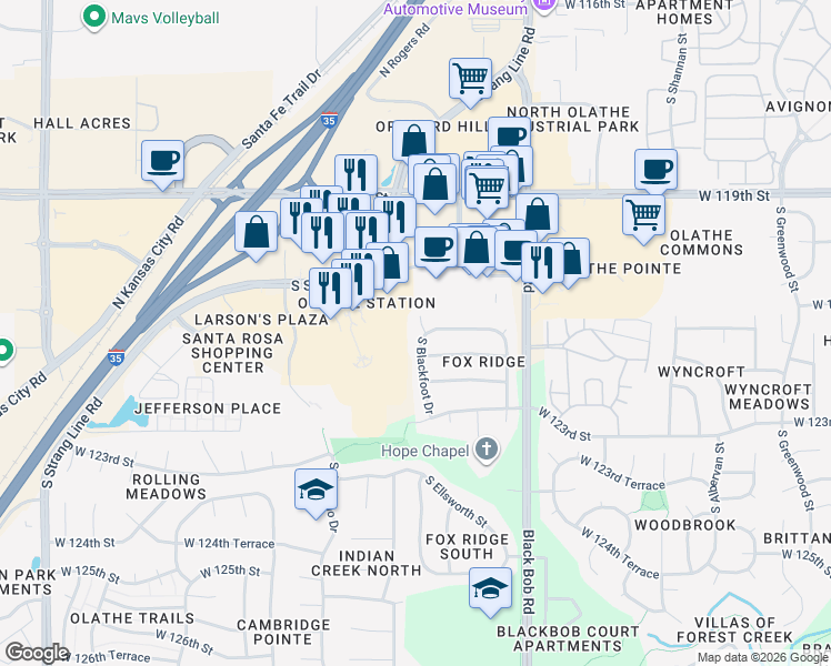 map of restaurants, bars, coffee shops, grocery stores, and more near 12188 South Blackfoot Drive in Olathe