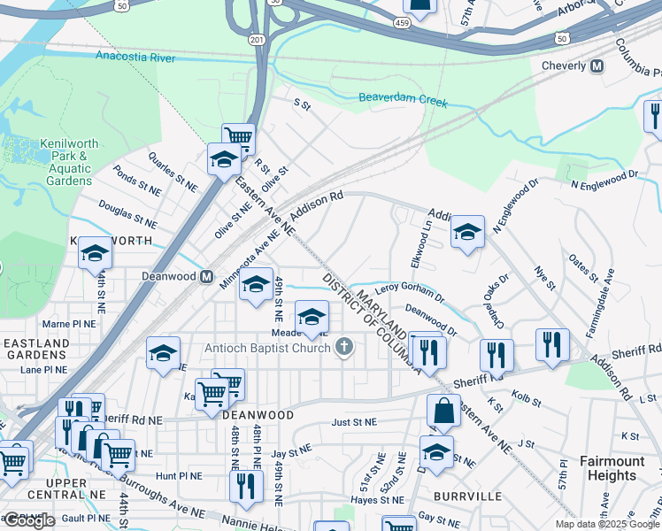 map of restaurants, bars, coffee shops, grocery stores, and more near 1333 Eastern Avenue Northeast in Capitol Heights