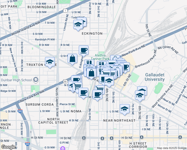 map of restaurants, bars, coffee shops, grocery stores, and more near 202 Florida Avenue Northeast in Washington