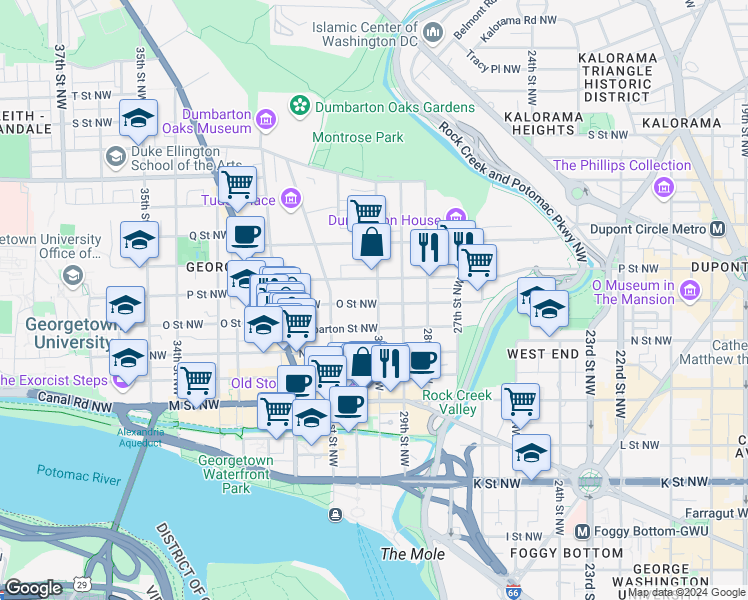 map of restaurants, bars, coffee shops, grocery stores, and more near 1400 30th Street Northwest in Washington