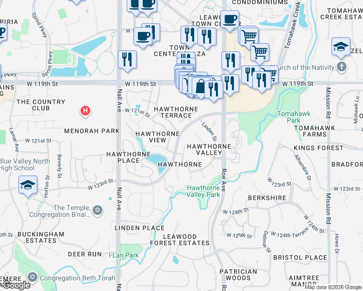 map of restaurants, bars, coffee shops, grocery stores, and more near 12122 Juniper Street in Leawood