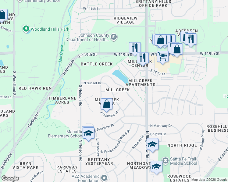 map of restaurants, bars, coffee shops, grocery stores, and more near 1658 North Sunset Drive in Olathe