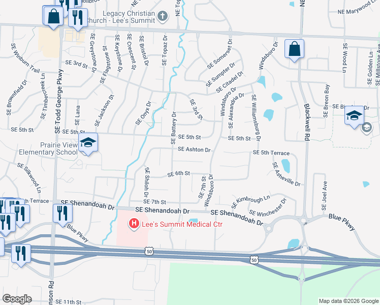map of restaurants, bars, coffee shops, grocery stores, and more near 425 Southeast Ashton Drive in Lee's Summit