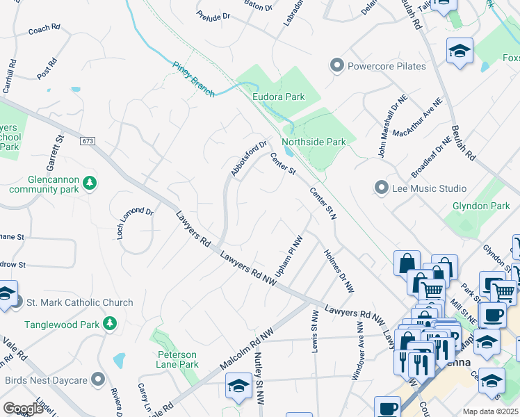 map of restaurants, bars, coffee shops, grocery stores, and more near 9604 Counsellor Drive in Vienna