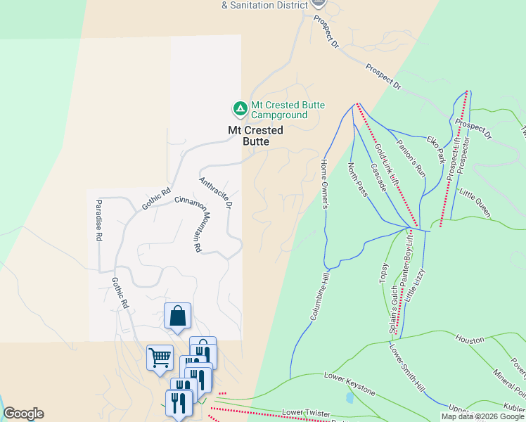 map of restaurants, bars, coffee shops, grocery stores, and more near 87 Ruby Drive in Crested Butte