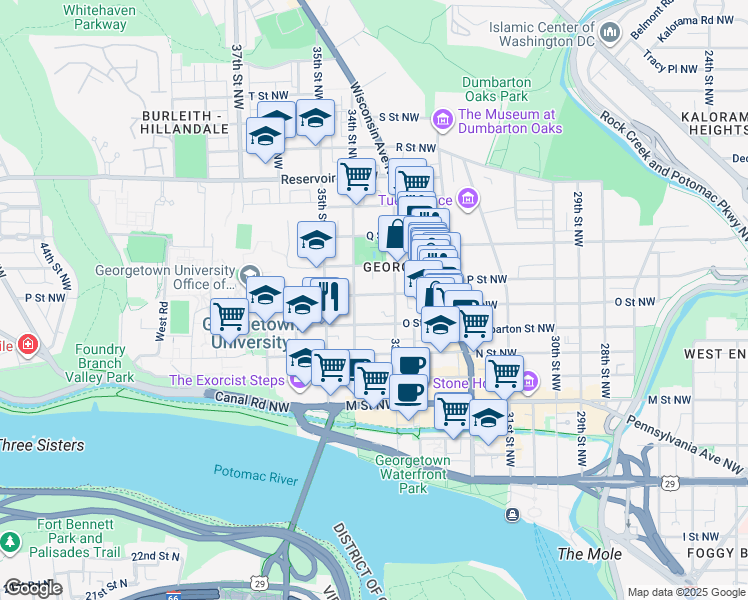 map of restaurants, bars, coffee shops, grocery stores, and more near 3322 P Street Northwest in Washington