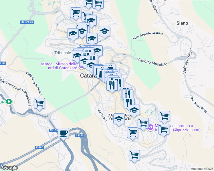 map of restaurants, bars, coffee shops, grocery stores, and more near 45 Corso Giuseppe Mazzini in Catanzaro