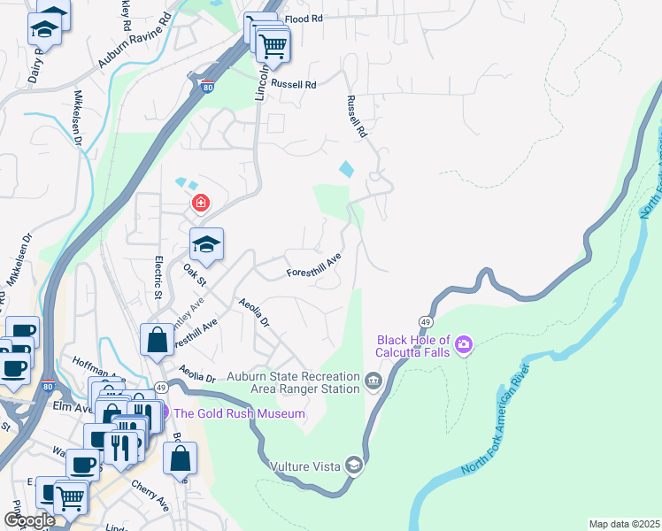 map of restaurants, bars, coffee shops, grocery stores, and more near 532 Foresthill Avenue in Auburn