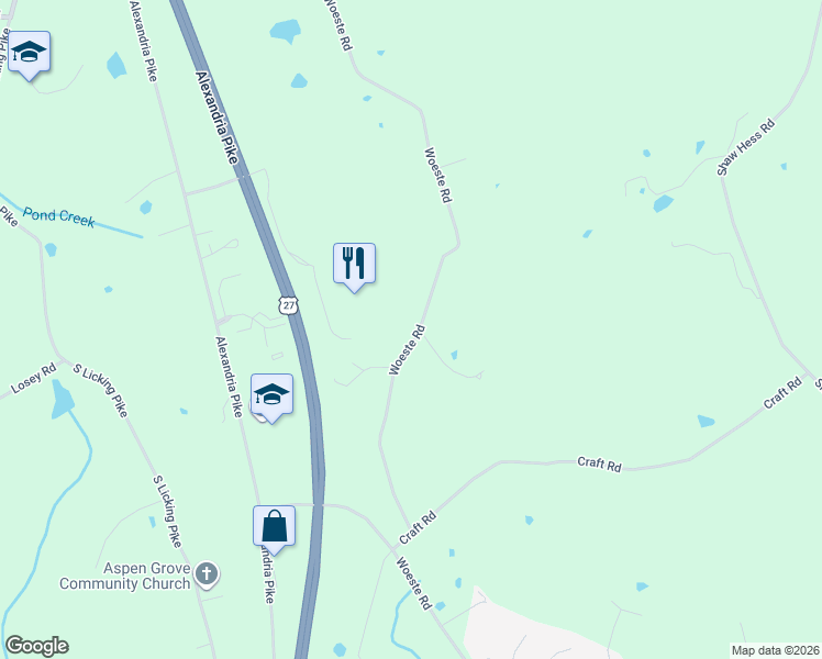 map of restaurants, bars, coffee shops, grocery stores, and more near 10581 Woeste Road in Alexandria
