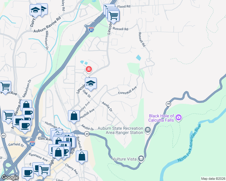 map of restaurants, bars, coffee shops, grocery stores, and more near 150 Greenfield Avenue in Auburn
