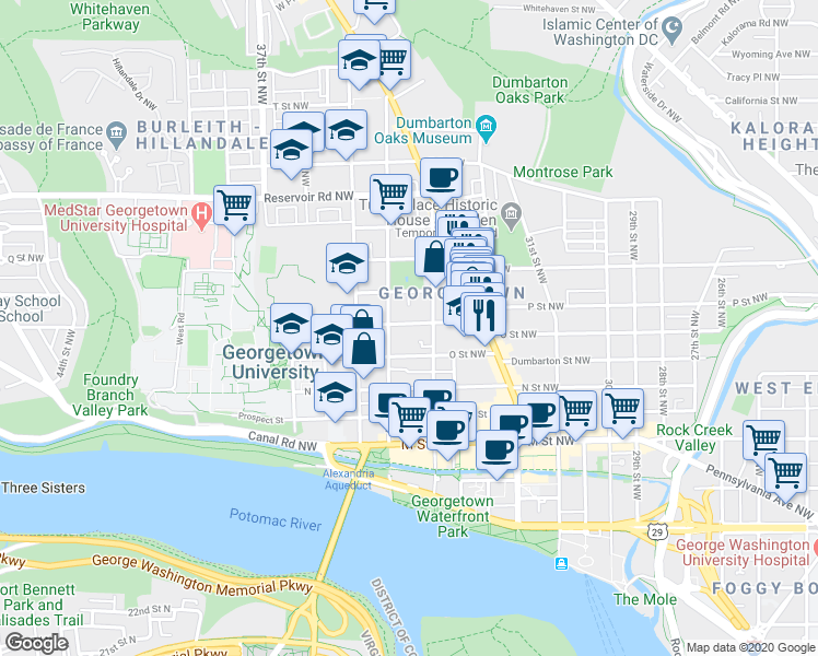 map of restaurants, bars, coffee shops, grocery stores, and more near 3322 P Street Northwest in Washington