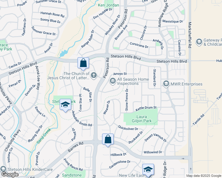 map of restaurants, bars, coffee shops, grocery stores, and more near 5312 Cutgrass Lane in Colorado Springs