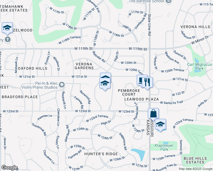 map of restaurants, bars, coffee shops, grocery stores, and more near 2410 West 123rd Street in Leawood