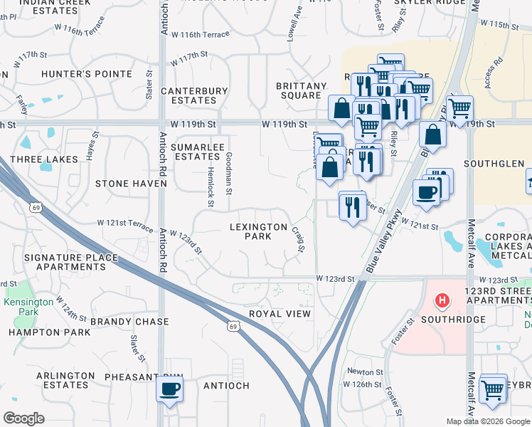 map of restaurants, bars, coffee shops, grocery stores, and more near 12114 Craig Lane in Overland Park