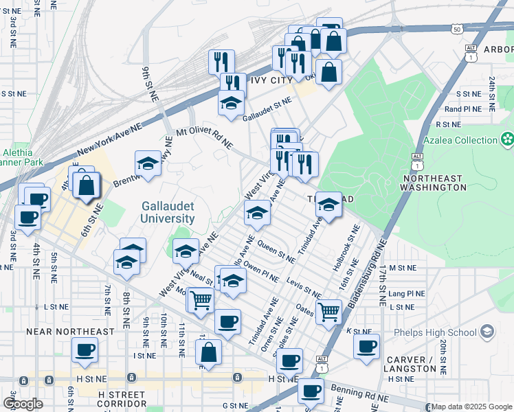 map of restaurants, bars, coffee shops, grocery stores, and more near 1643 11th Place Northeast in Washington