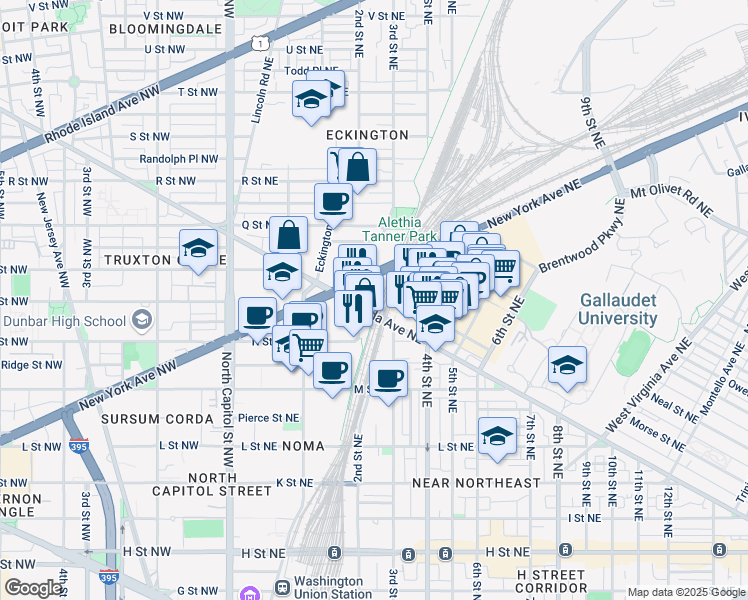 map of restaurants, bars, coffee shops, grocery stores, and more near 202 Florida Avenue Northeast in Washington