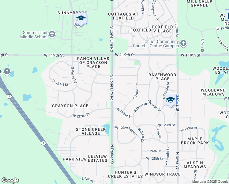 map of restaurants, bars, coffee shops, grocery stores, and more near 21494 West 121st Street in Olathe