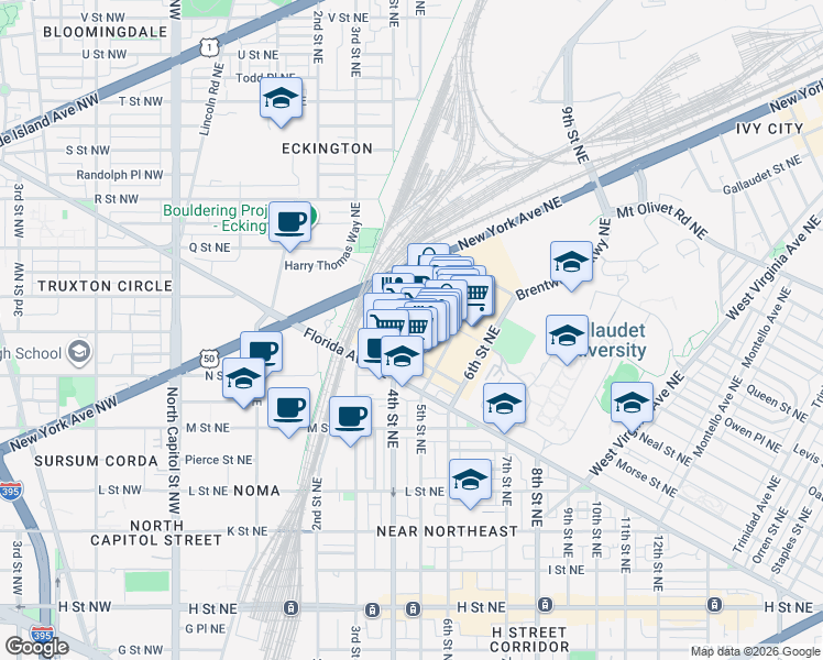 map of restaurants, bars, coffee shops, grocery stores, and more near 1270 4th Street Northeast in Washington