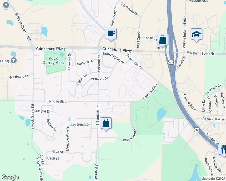 map of restaurants, bars, coffee shops, grocery stores, and more near 2432 Calder Court in Columbia