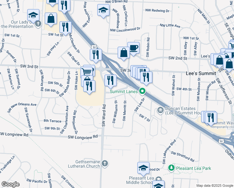 map of restaurants, bars, coffee shops, grocery stores, and more near 906 Southwest 6th Street in Lee's Summit