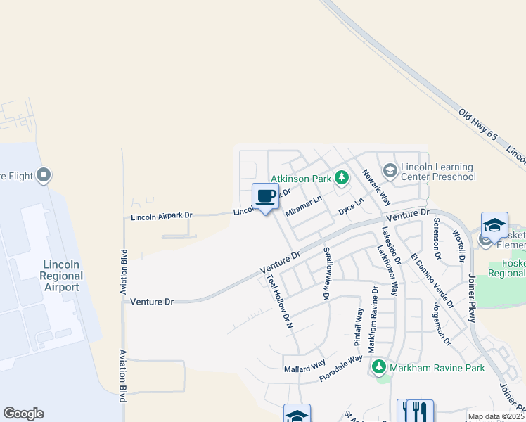 map of restaurants, bars, coffee shops, grocery stores, and more near 1731 Lincoln Airpark Drive in Lincoln
