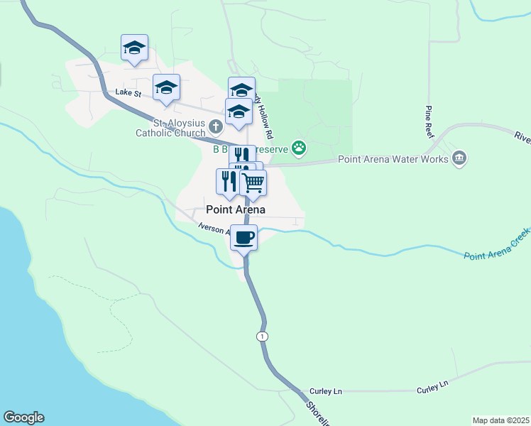 map of restaurants, bars, coffee shops, grocery stores, and more near 50 Mill Street in Point Arena
