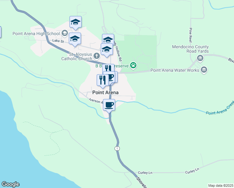 map of restaurants, bars, coffee shops, grocery stores, and more near 40 Mill Street in Point Arena