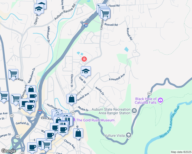 map of restaurants, bars, coffee shops, grocery stores, and more near 354 Huntley Avenue in Auburn