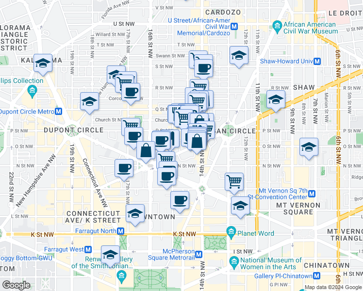 map of restaurants, bars, coffee shops, grocery stores, and more near 1441 Rhode Island Avenue Northwest in Washington