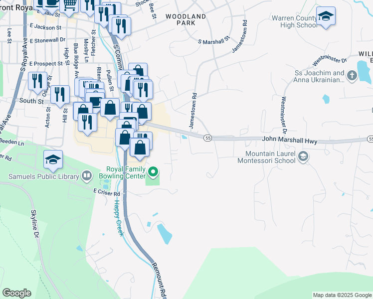 map of restaurants, bars, coffee shops, grocery stores, and more near 983 Oakmont Drive in Front Royal