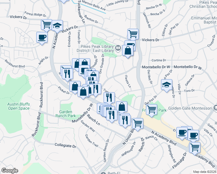map of restaurants, bars, coffee shops, grocery stores, and more near 2630 Tomah Place in Colorado Springs