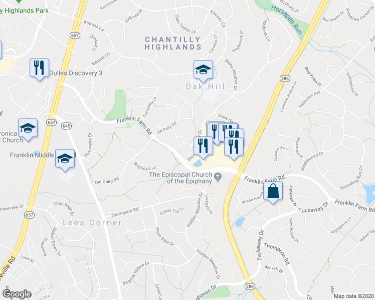 map of restaurants, bars, coffee shops, grocery stores, and more near 13409 Elevation Lane in Herndon