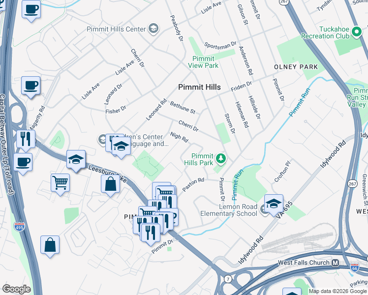 map of restaurants, bars, coffee shops, grocery stores, and more near 7419 Nigh Road in Falls Church