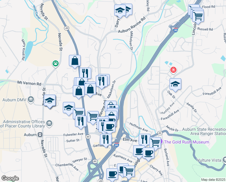 map of restaurants, bars, coffee shops, grocery stores, and more near 638 Mikkelsen Drive in Auburn