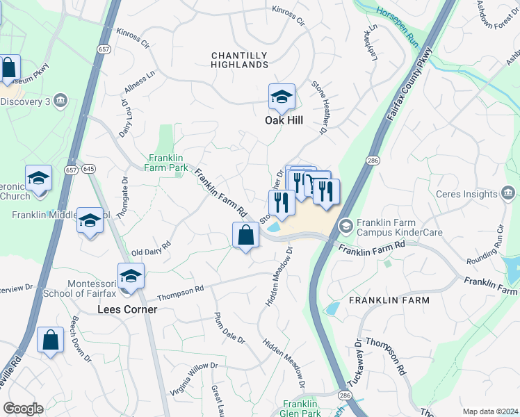 map of restaurants, bars, coffee shops, grocery stores, and more near 13409 Elevation Lane in Herndon