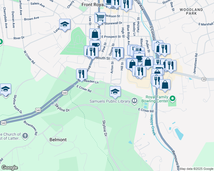 map of restaurants, bars, coffee shops, grocery stores, and more near 704 Parkview Drive in Front Royal